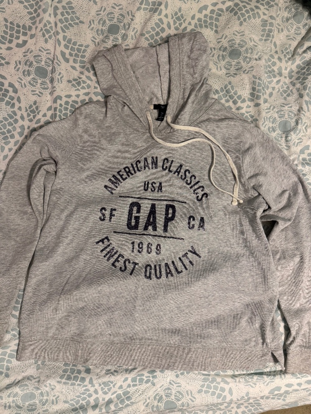 GAP Heather Gray Hoodie with Sparkle Navy Logo